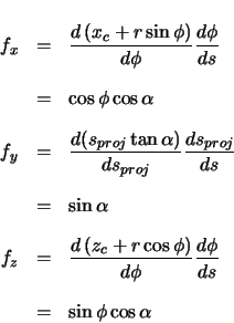 \begin{eqnarray*}
f_{x} & = & \ensuremath \frac{d\left( x_{c} + r \sin\phi \rig...
...remath \frac{d\phi}{ds} \nonumber \\
& = & \sin\phi \cos\alpha
\end{eqnarray*}